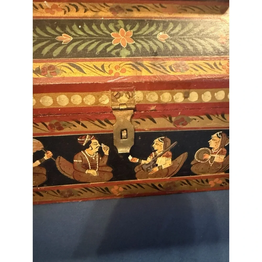 Vintage Anglo Raj Hand Painted Wooden Jewelry Box Indian Rajasthani Folk Art